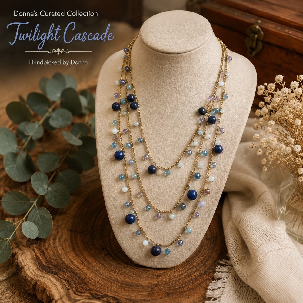Layered Blue Beaded Necklace Gold Tone Multi Strand Boho Statement Necklace